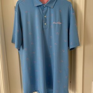 johnnie-O Ocean Blue Polo with Pink Accents and cocktail graphics